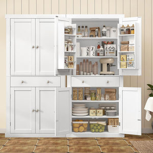 Fabiula 72‘ Kitchen Pantry Cabinet with 4 Doors & Drawer Adjustable Shelves Food Pantry for Dining Room, Living Room or Entryway White Farmhouse Furniture