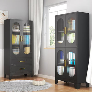 Metal Storage Cabinet with 2 Acrylic Glass Doors and 2 Adjustable Shelves, Kitchen Pantry Cabinet with 2 Drawers, 61.6" Tall Steel Wardrobe Storage Cabinet for Bedroom, Kitchen, Bathroomfurniture Organizer