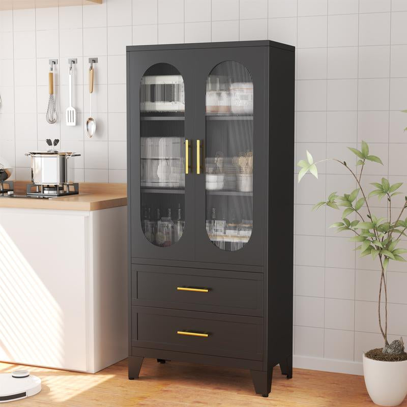 Metal Storage Cabinet with 2 Acrylic Glass Doors and 2 Adjustable Shelves, Kitchen Pantry Cabinet with 2 Drawers, 61.6" Tall Steel Wardrobe Storage Cabinet for Bedroom, Kitchen, Bathroomfurniture Organizer