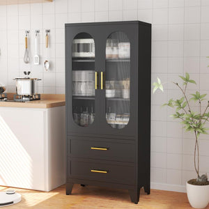 Metal Storage Cabinet with 2 Acrylic Glass Doors and 2 Adjustable Shelves, Kitchen Pantry Cabinet with 2 Drawers, 61.6" Tall Steel Wardrobe Storage Cabinet for Bedroom, Kitchen, Bathroomfurniture Organizer