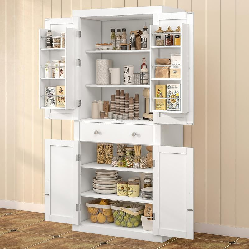 Fabiula 72‘ Kitchen Pantry Cabinet with 4 Doors & Drawer Adjustable Shelves Food Pantry for Dining Room, Living Room or Entryway White Farmhouse Furniture