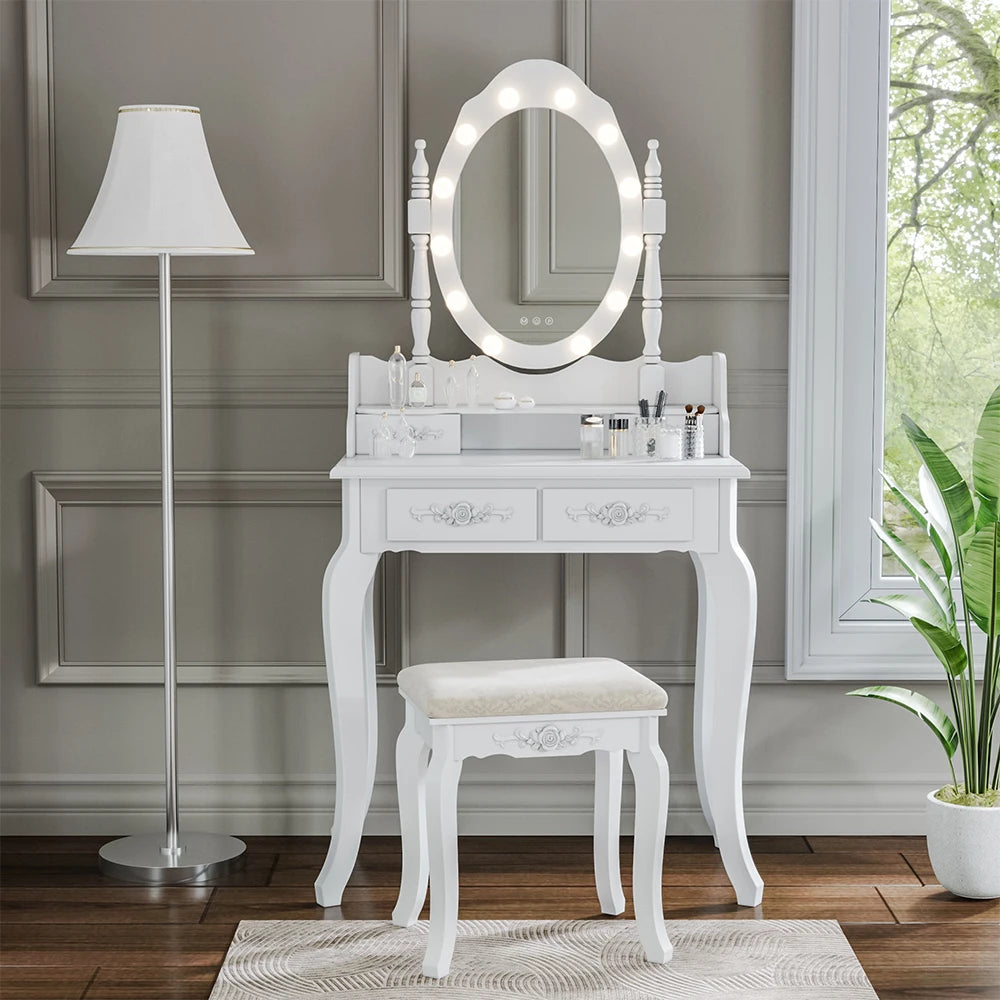 Modern 4 Drawer Dressing Table Set with Lighted Mirror and Stool, Ladies Dressing Table Set Upholstered Stool