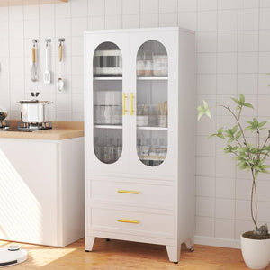 Metal Storage Cabinet with 2 Acrylic Glass Doors and 2 Adjustable Shelves, Kitchen Pantry Cabinet with 2 Drawers, 61.6" Tall Steel Wardrobe Storage Cabinet for Bedroom, Kitchen, Bathroomfurniture Organizer