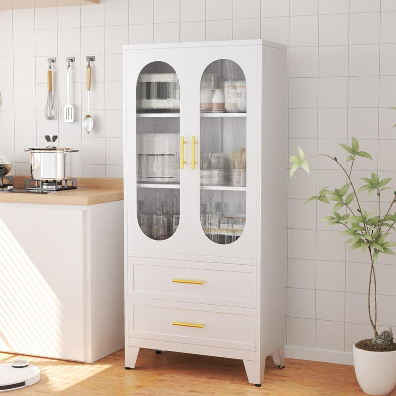 Metal Storage Cabinet with 2 Acrylic Glass Doors and 2 Adjustable Shelves, Kitchen Pantry Cabinet with 2 Drawers, 61.6" Tall Steel Wardrobe Storage Cabinet for Bedroom, Kitchen, Bathroomfurniture Organizer