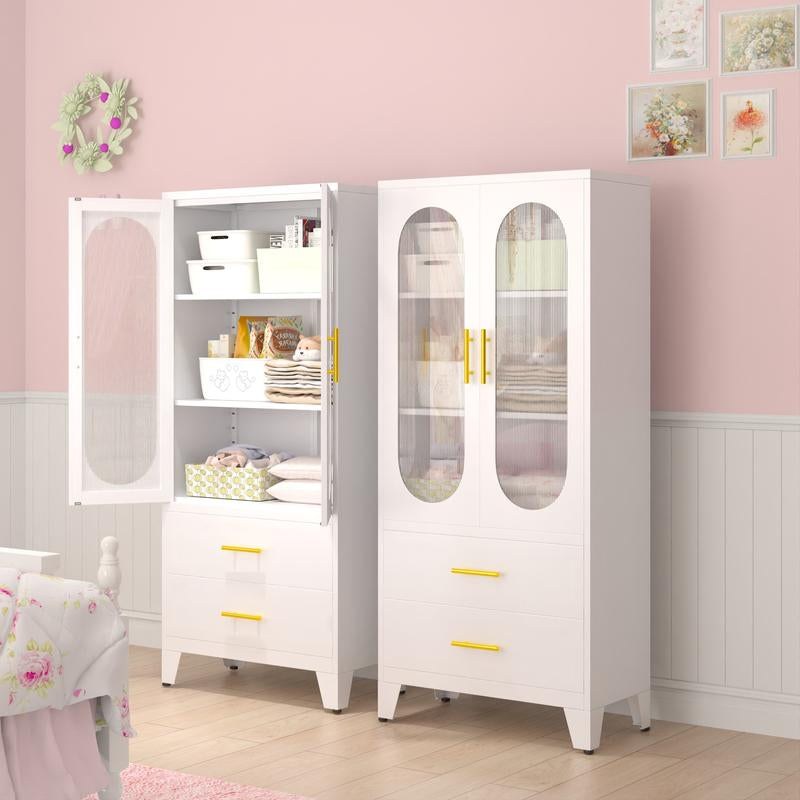 Metal Storage Cabinet with 2 Acrylic Glass Doors and 2 Adjustable Shelves, Kitchen Pantry Cabinet with 2 Drawers, 61.6" Tall Steel Wardrobe Storage Cabinet for Bedroom, Kitchen, Bathroomfurniture Organizer