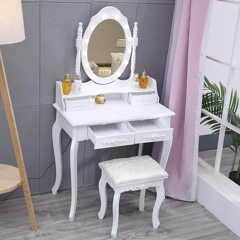 Modern 4 Drawer Dressing Table Set with Lighted Mirror and Stool, Ladies Dressing Table Set Upholstered Stool