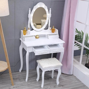 Modern 4 Drawer Dressing Table Set with Lighted Mirror and Stool, Ladies Dressing Table Set Upholstered Stool