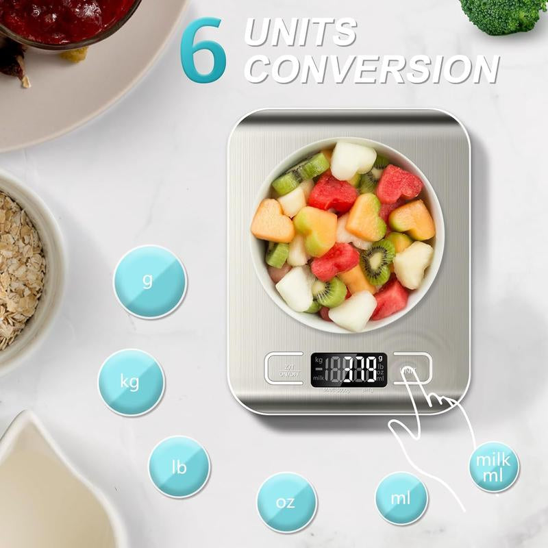 Food Scale, 11Lb Kitchen Scale with 6 Units Tare Function & LCD Display, 0.05Oz/1G Stainless Steel Digital Food Scale Grams and Ounces for Baking, Cooking, Dieting and Meal Prep (Batteries Included)