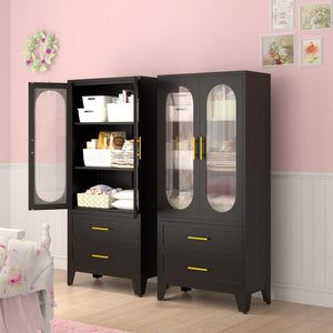 Metal Storage Cabinet with 2 Acrylic Glass Doors and 2 Adjustable Shelves, Kitchen Pantry Cabinet with 2 Drawers, 61.6" Tall Steel Wardrobe Storage Cabinet for Bedroom, Kitchen, Bathroomfurniture Organizer