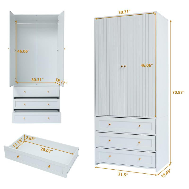 Giratree 71" Wardrobe Closet Armoire, Wardrobe Armoire Wooden with 2 Doors, 3 Drawers Household Freestanding Wooden Closet Storage Cabinet for Bedroom