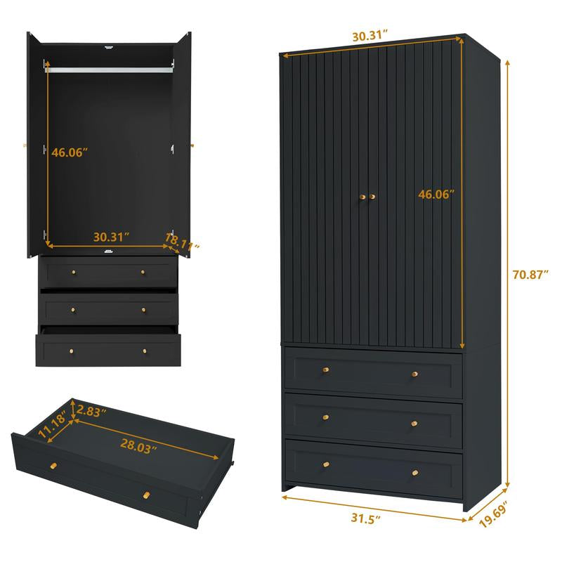 Giratree 71" Wardrobe Closet Armoire, Wardrobe Armoire Wooden with 2 Doors, 3 Drawers Household Freestanding Wooden Closet Storage Cabinet for Bedroom