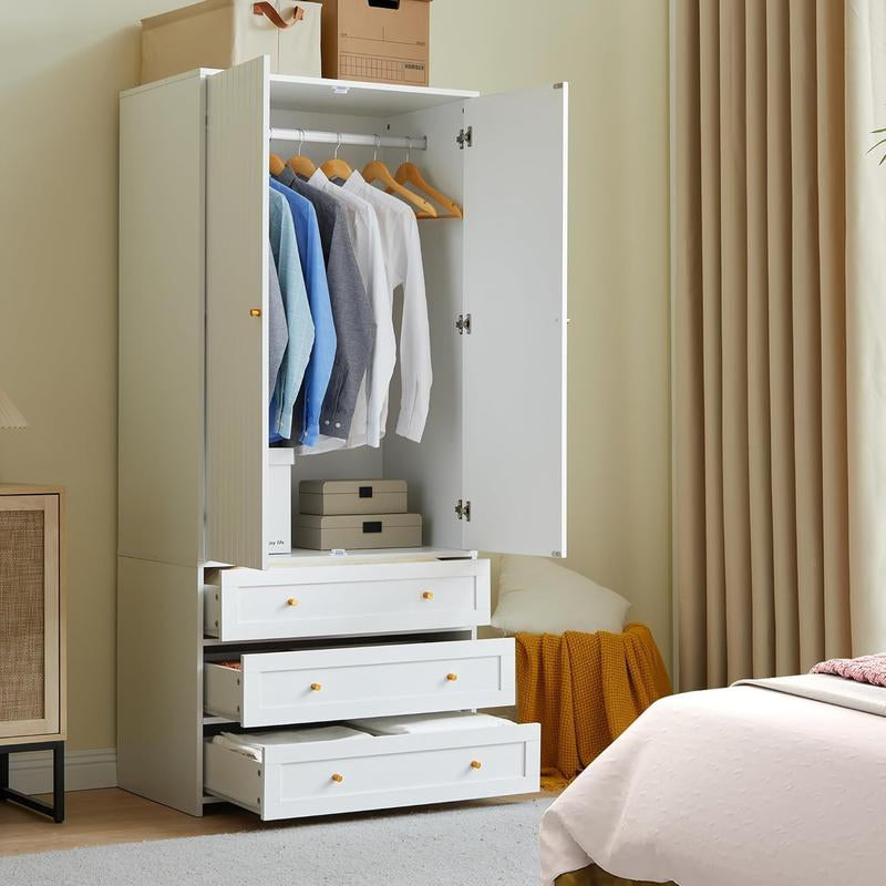 Giratree 71" Wardrobe Closet Armoire, Wardrobe Armoire Wooden with 2 Doors, 3 Drawers Household Freestanding Wooden Closet Storage Cabinet for Bedroom