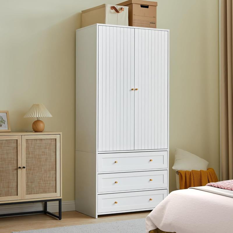 Giratree 71" Wardrobe Closet Armoire, Wardrobe Armoire Wooden with 2 Doors, 3 Drawers Household Freestanding Wooden Closet Storage Cabinet for Bedroom