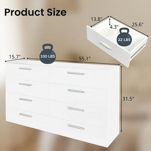 Karl Home White Dresser for Bedroom, Wood 8 Drawer Dresser Chest of Drawers, 55 Inch Dresser Bedroom Furniture, Large Dresser Storage Chest with Deep Drawers, TV Stand, 55.1" X 15.7" X 31.5"