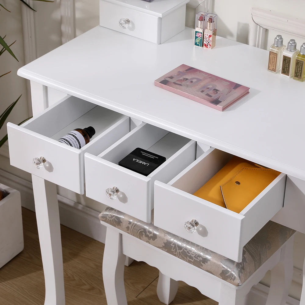 5 Drawer Ladies Makeup Dressing Table with Mirror and Cushioned Stool, Bedroom Wooden Dressing Table