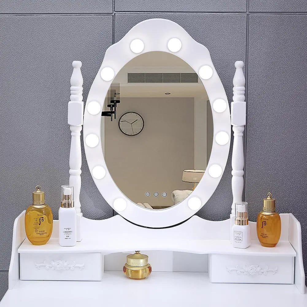 Modern 4 Drawer Dressing Table Set with Lighted Mirror and Stool, Ladies Dressing Table Set Upholstered Stool