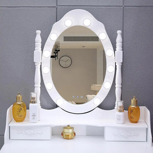 Modern 4 Drawer Dressing Table Set with Lighted Mirror and Stool, Ladies Dressing Table Set Upholstered Stool