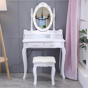 Modern 4 Drawer Dressing Table Set with Lighted Mirror and Stool, Ladies Dressing Table Set Upholstered Stool