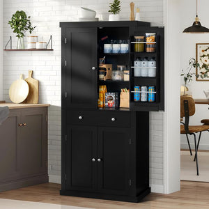 Fabiula 72‘ Kitchen Pantry Cabinet with 4 Doors & Drawer Adjustable Shelves Food Pantry for Dining Room, Living Room or Entryway White Farmhouse Furniture