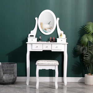 5 Drawer Ladies Makeup Dressing Table with Mirror and Cushioned Stool, Bedroom Wooden Dressing Table