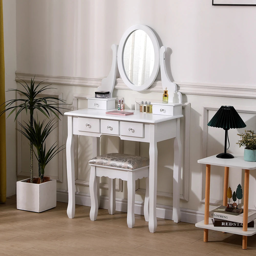 5 Drawer Ladies Makeup Dressing Table with Mirror and Cushioned Stool, Bedroom Wooden Dressing Table
