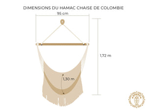 Dessin d'un hamac chaise de Colombie fait main XL avec mesures détaillées