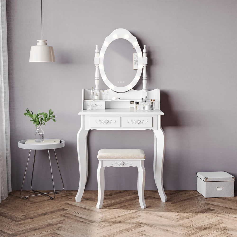 Modern 4 Drawer Dressing Table Set with Lighted Mirror and Stool, Ladies Dressing Table Set Upholstered Stool
