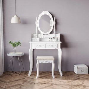Modern 4 Drawer Dressing Table Set with Lighted Mirror and Stool, Ladies Dressing Table Set Upholstered Stool