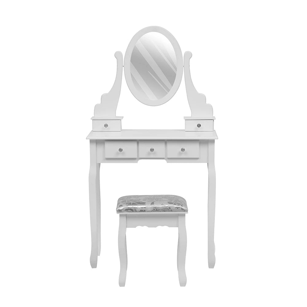 5 Drawer Ladies Makeup Dressing Table with Mirror and Cushioned Stool, Bedroom Wooden Dressing Table