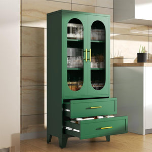 Metal Storage Cabinet with 2 Acrylic Glass Doors and 2 Adjustable Shelves, Kitchen Pantry Cabinet with 2 Drawers, 61.6" Tall Steel Wardrobe Storage Cabinet for Bedroom, Kitchen, Bathroomfurniture Organizer