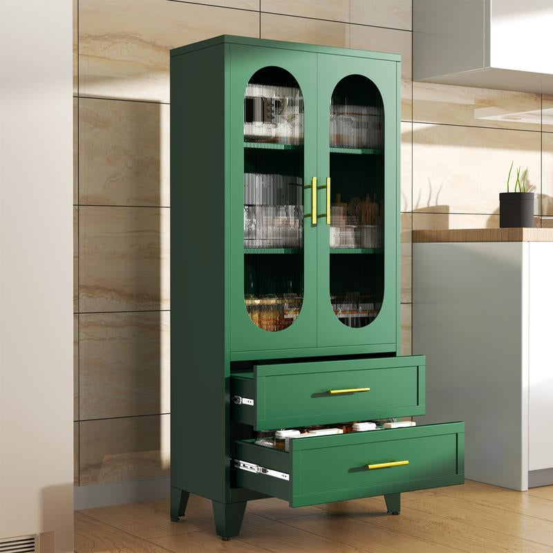 Metal Storage Cabinet with 2 Acrylic Glass Doors and 2 Adjustable Shelves, Kitchen Pantry Cabinet with 2 Drawers, 61.6" Tall Steel Wardrobe Storage Cabinet for Bedroom, Kitchen, Bathroomfurniture Organizer
