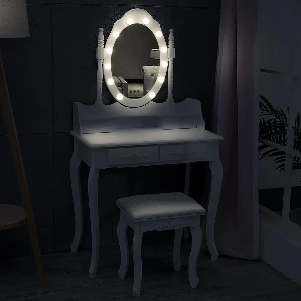 Modern 4 Drawer Dressing Table Set with Lighted Mirror and Stool, Ladies Dressing Table Set Upholstered Stool