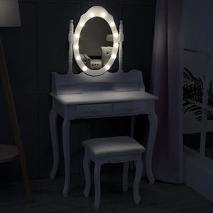 Modern 4 Drawer Dressing Table Set with Lighted Mirror and Stool, Ladies Dressing Table Set Upholstered Stool