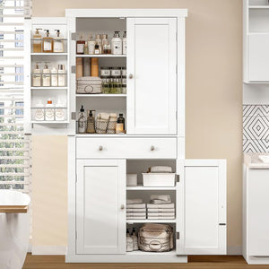 Fabiula 72‘ Kitchen Pantry Cabinet with 4 Doors & Drawer Adjustable Shelves Food Pantry for Dining Room, Living Room or Entryway White Farmhouse Furniture