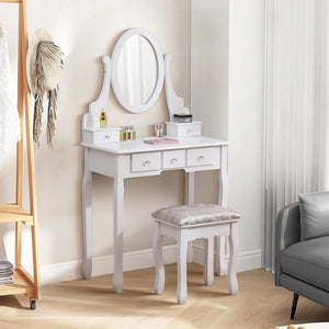 5 Drawer Ladies Makeup Dressing Table with Mirror and Cushioned Stool, Bedroom Wooden Dressing Table
