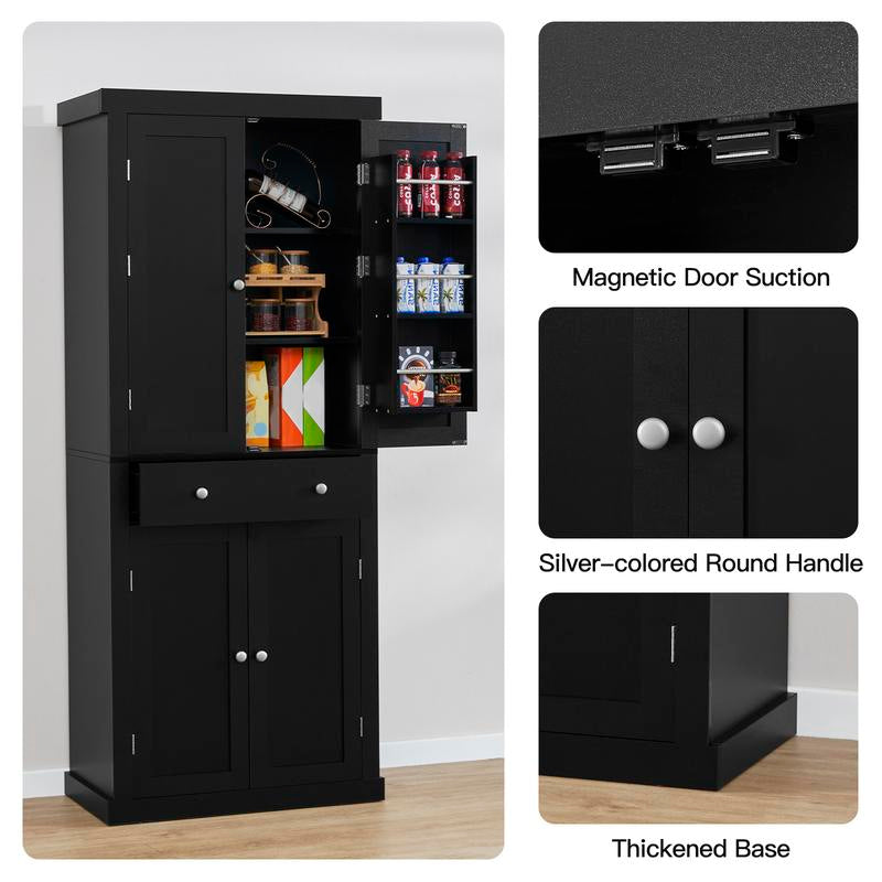 Fabiula 72‘ Kitchen Pantry Cabinet with 4 Doors & Drawer Adjustable Shelves Food Pantry for Dining Room, Living Room or Entryway White Farmhouse Furniture