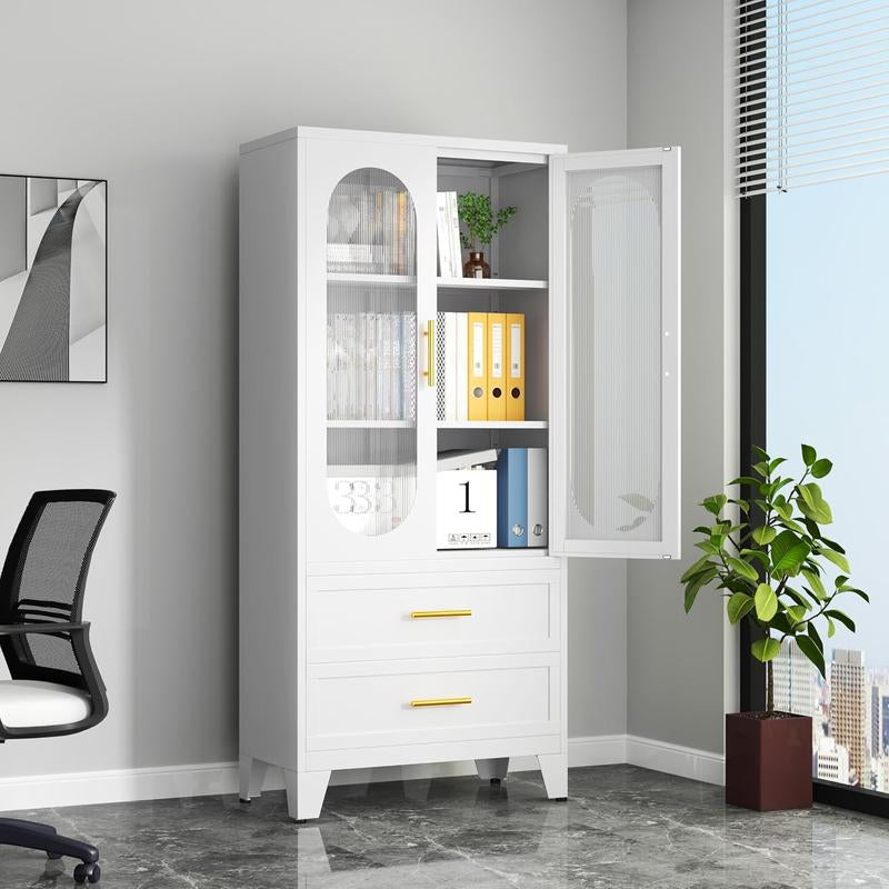 Metal Storage Cabinet with 2 Acrylic Glass Doors and 2 Adjustable Shelves, Kitchen Pantry Cabinet with 2 Drawers, 61.6" Tall Steel Wardrobe Storage Cabinet for Bedroom, Kitchen, Bathroomfurniture Organizer