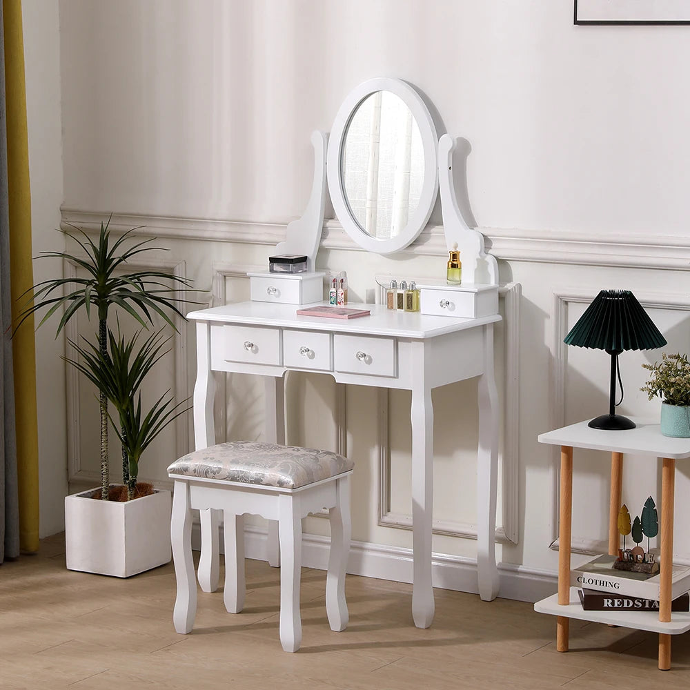 5 Drawer Ladies Makeup Dressing Table with Mirror and Cushioned Stool, Bedroom Wooden Dressing Table