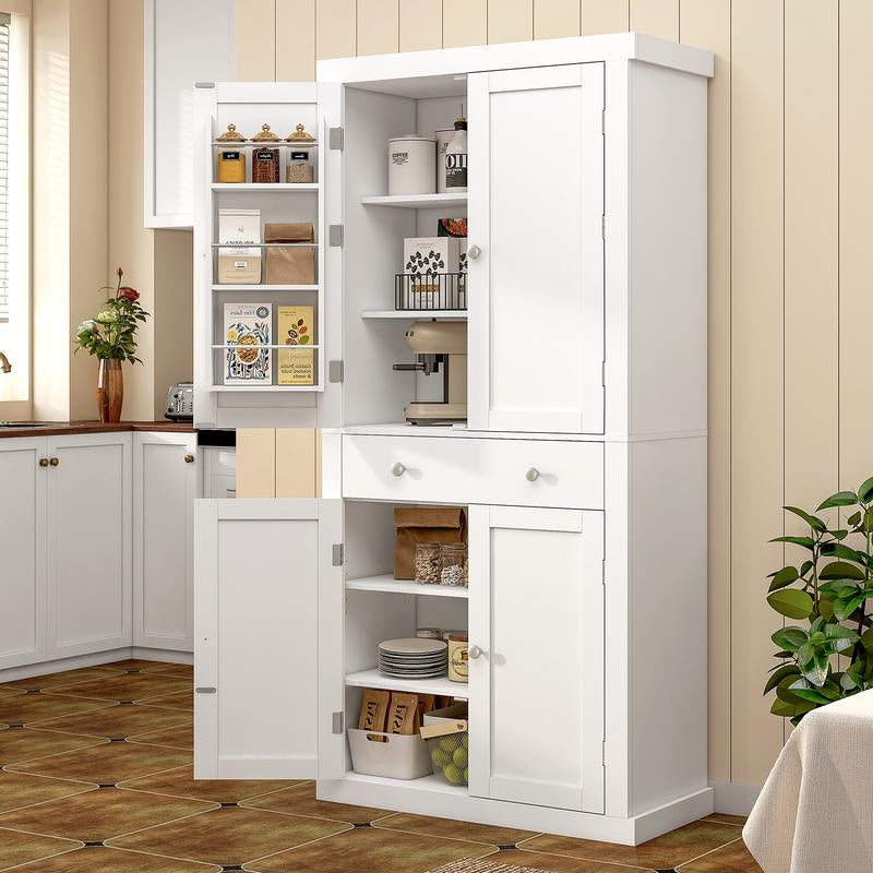 Fabiula 72‘ Kitchen Pantry Cabinet with 4 Doors & Drawer Adjustable Shelves Food Pantry for Dining Room, Living Room or Entryway White Farmhouse Furniture