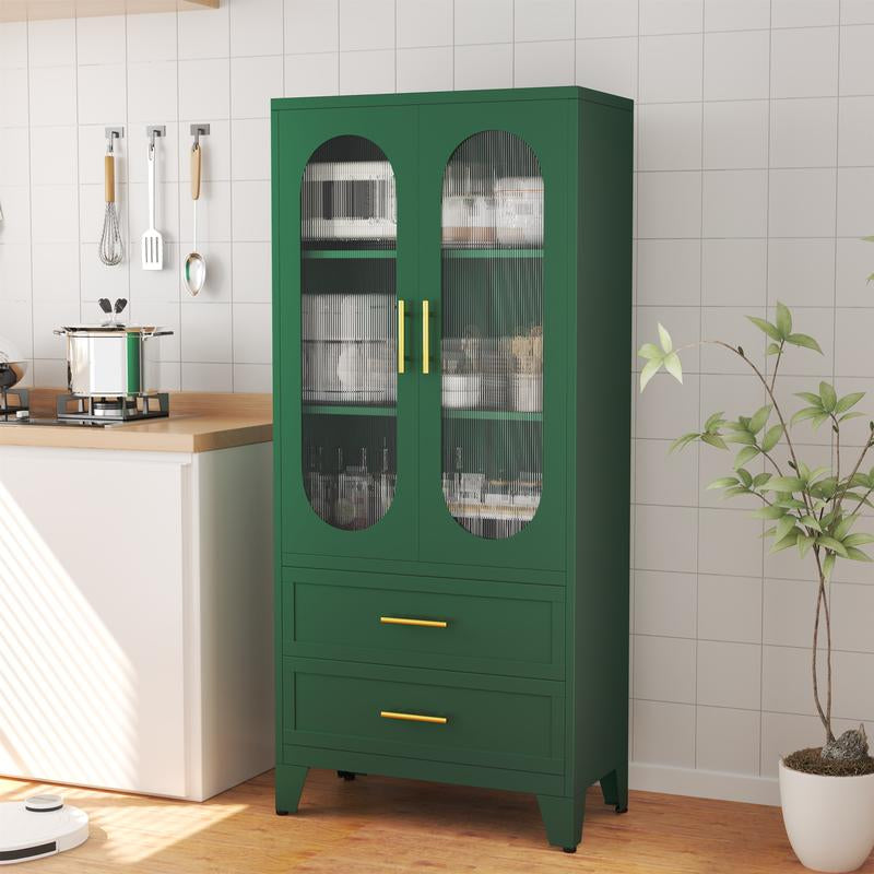Metal Storage Cabinet with 2 Acrylic Glass Doors and 2 Adjustable Shelves, Kitchen Pantry Cabinet with 2 Drawers, 61.6" Tall Steel Wardrobe Storage Cabinet for Bedroom, Kitchen, Bathroomfurniture Organizer
