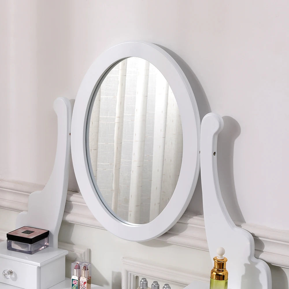 5 Drawer Ladies Makeup Dressing Table with Mirror and Cushioned Stool, Bedroom Wooden Dressing Table