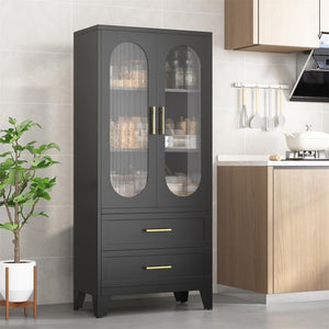 Metal Storage Cabinet with 2 Acrylic Glass Doors and 2 Adjustable Shelves, Kitchen Pantry Cabinet with 2 Drawers, 61.6" Tall Steel Wardrobe Storage Cabinet for Bedroom, Kitchen, Bathroomfurniture Organizer