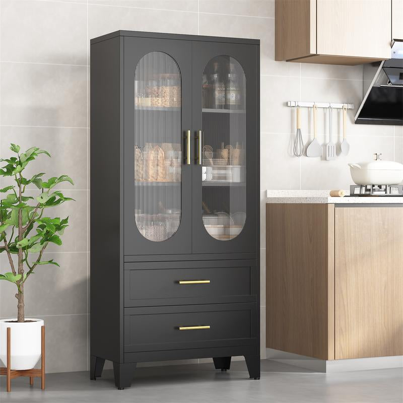 Metal Storage Cabinet with 2 Acrylic Glass Doors and 2 Adjustable Shelves, Kitchen Pantry Cabinet with 2 Drawers, 61.6" Tall Steel Wardrobe Storage Cabinet for Bedroom, Kitchen, Bathroomfurniture Organizer