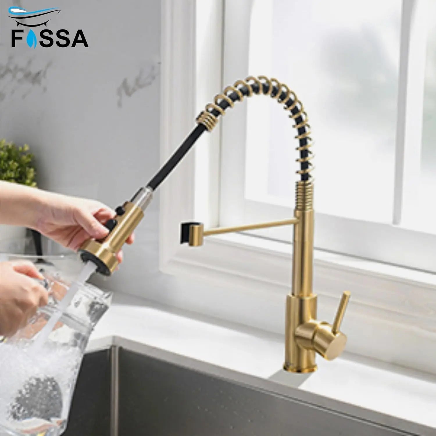 Fossa Pull Down Sprayer, Kitchen Mixer Tap 360° Swivel, Commercial Kitchen Faucet Single Handle Mixer Tap with 2 Spray Modes Brushed (Gold)-4