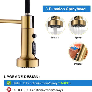 Fossa Pull Down Sprayer, Kitchen Mixer Tap 360° Swivel, Commercial Kitchen Faucet Single Handle Mixer Tap with 2 Spray Modes Brushed (Gold)-2