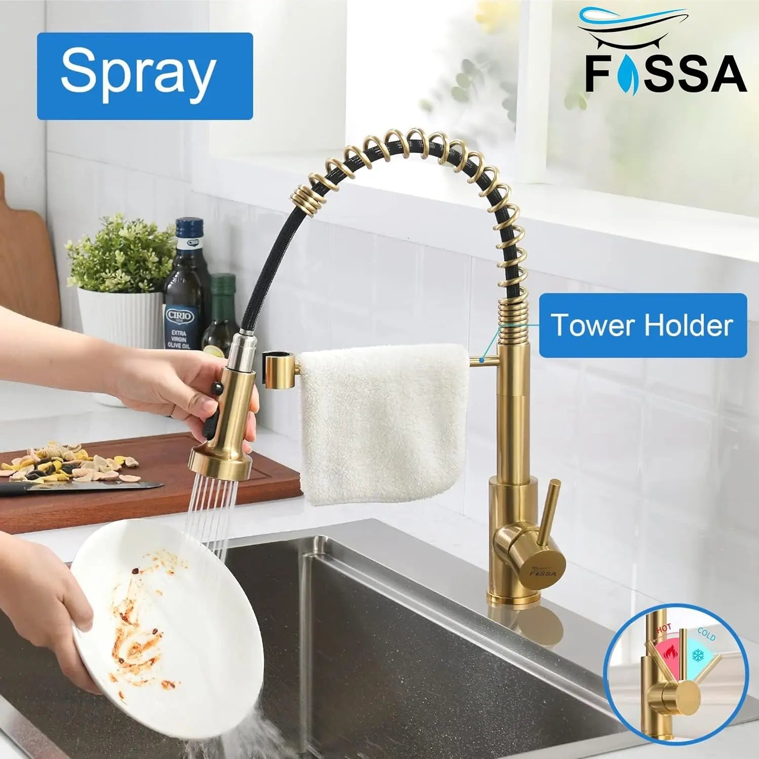 Fossa Pull Down Sprayer, Kitchen Mixer Tap 360° Swivel, Commercial Kitchen Faucet Single Handle Mixer Tap with 2 Spray Modes Brushed (Gold)-3