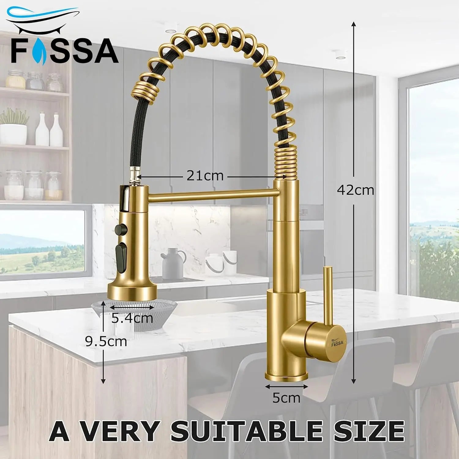 Fossa Pull Down Sprayer, Kitchen Mixer Tap 360° Swivel, Commercial Kitchen Faucet Single Handle Mixer Tap with 2 Spray Modes Brushed (Gold)-1
