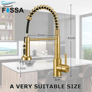 Fossa Pull Down Sprayer, Kitchen Mixer Tap 360° Swivel, Commercial Kitchen Faucet Single Handle Mixer Tap with 2 Spray Modes Brushed (Gold)-1