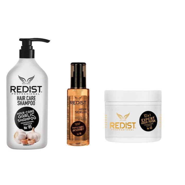 Pachet REDIST Expert – Șampon Usturoi 1000ml + Ser Argan &amp; Keratină 125ml + Mască 12 în 1 Expert 500ml