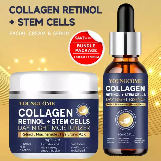 Set Ser și Cremă de Față cu Retinol, Colagen și 5% Acid Hialuronic – Zi și Noapte, 40ml / 30g